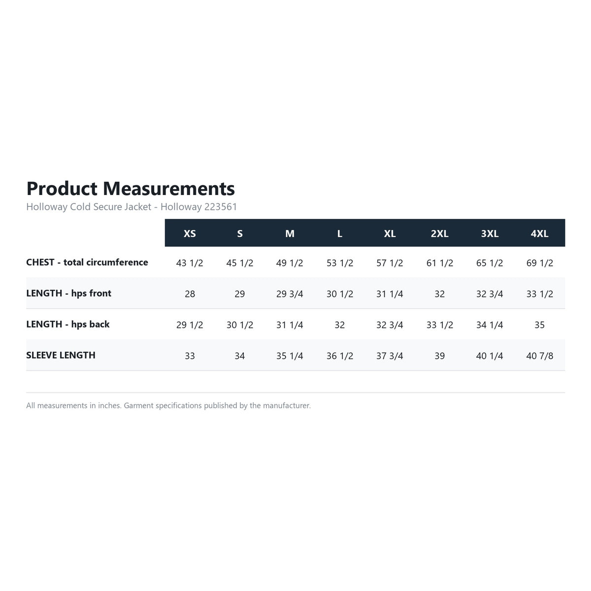 Holloway Cold Secure Jacket 223561 product measurements