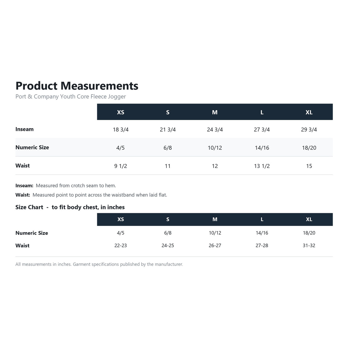 Port & Company Youth Core Fleece Jogger PC78YJ product measurements