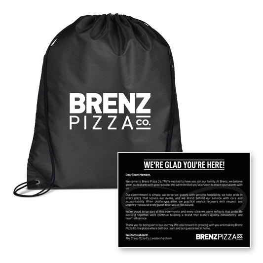 Every Brenz onboarding bundle ships packed in a Brenz cinch bag with a welcome card