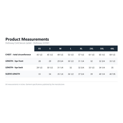 Holloway Cold Secure Jacket 223561 product measurements