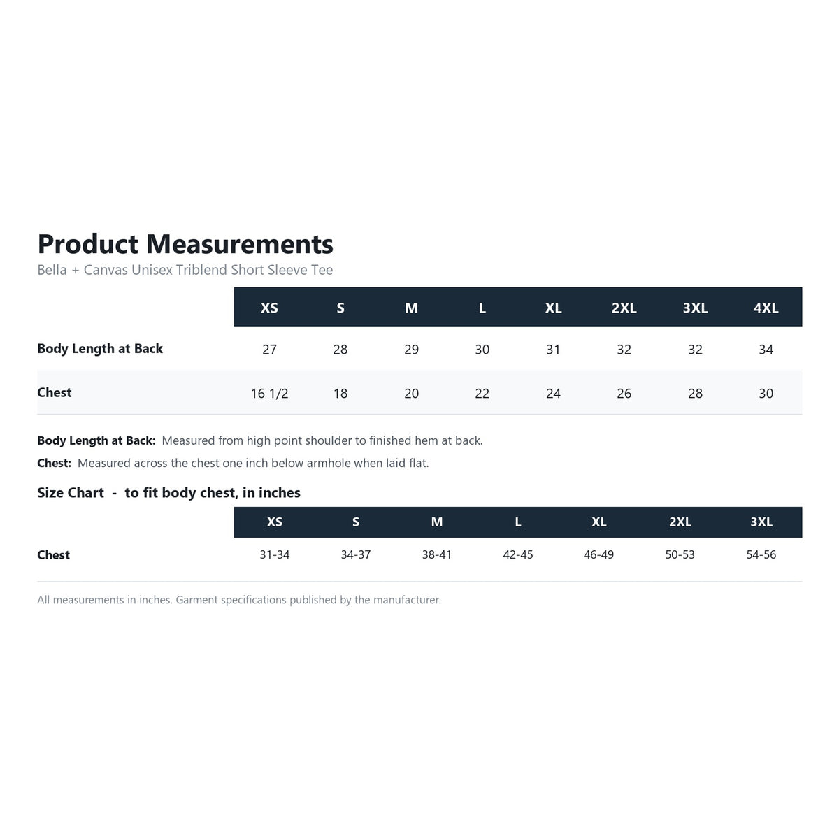 Bella + Canvas Unisex Triblend Short Sleeve Tee BC3413 product measurements
