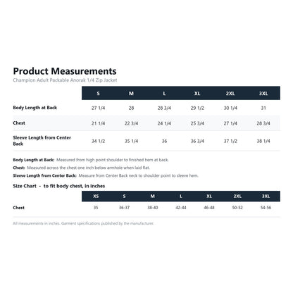 Champion Adult Packable Anorak 1/4 Zip Jacket CO200 product measurements