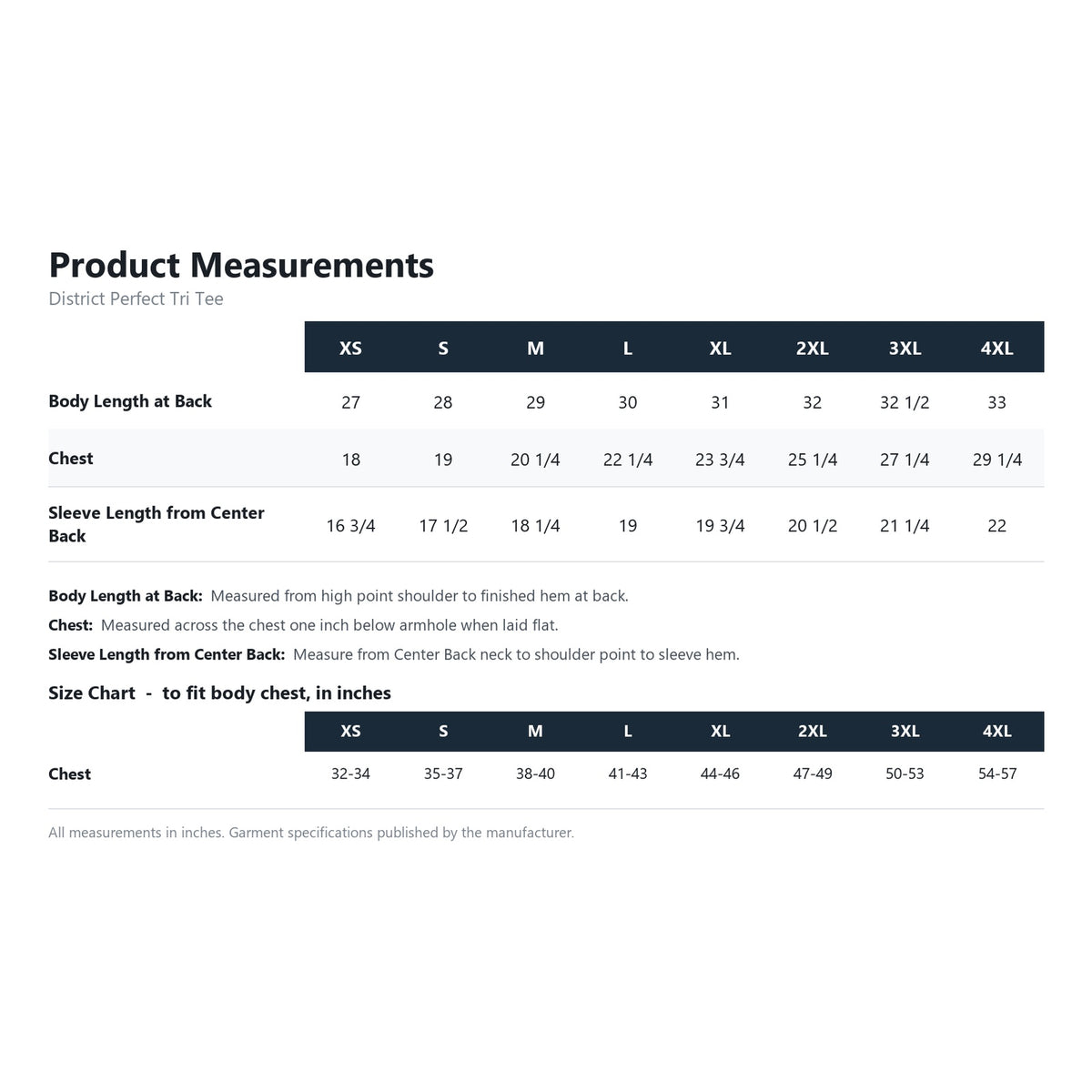 District Perfect Tri Tee DM130 product measurements