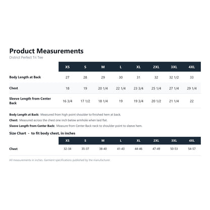 District Perfect Tri Tee DM130 product measurements