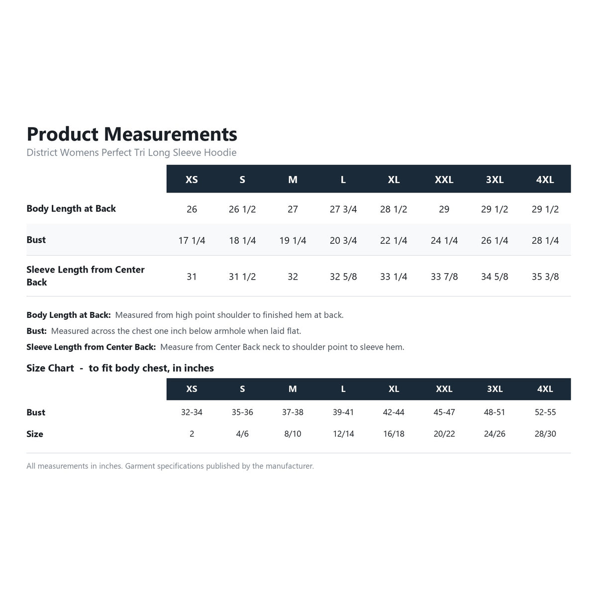District Womens Perfect Tri Long Sleeve Hoodie DM139L product measurements