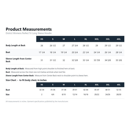 District Womens Perfect Tri Long Sleeve Hoodie DM139L product measurements