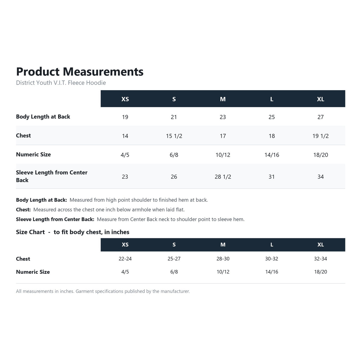 District Youth V.I.T. Fleece Hoodie DT6100Y product measurements