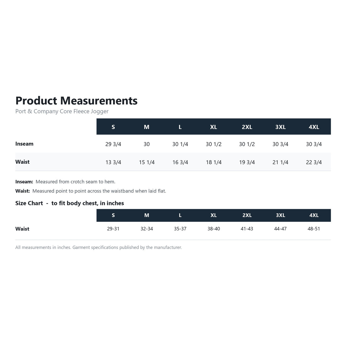 Port & Company Core Fleece Jogger PC78J product measurements