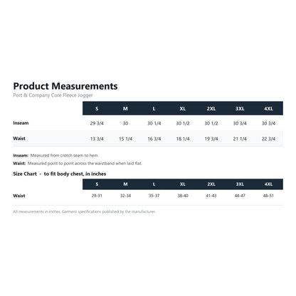 Port & Company Core Fleece Jogger PC78J product measurements