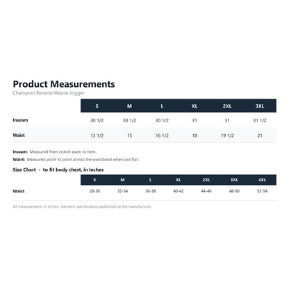 Champion Reverse Weave Jogger RW25 product measurements