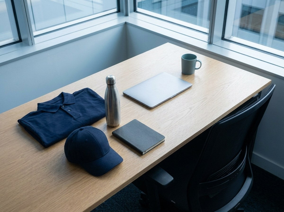 Branded onboarding kit staged on an office desk