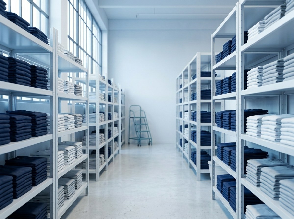 Warehouse aisle of shelved, folded branded apparel