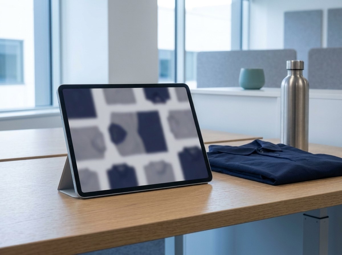 Tablet on an office desk showing a branded company store
